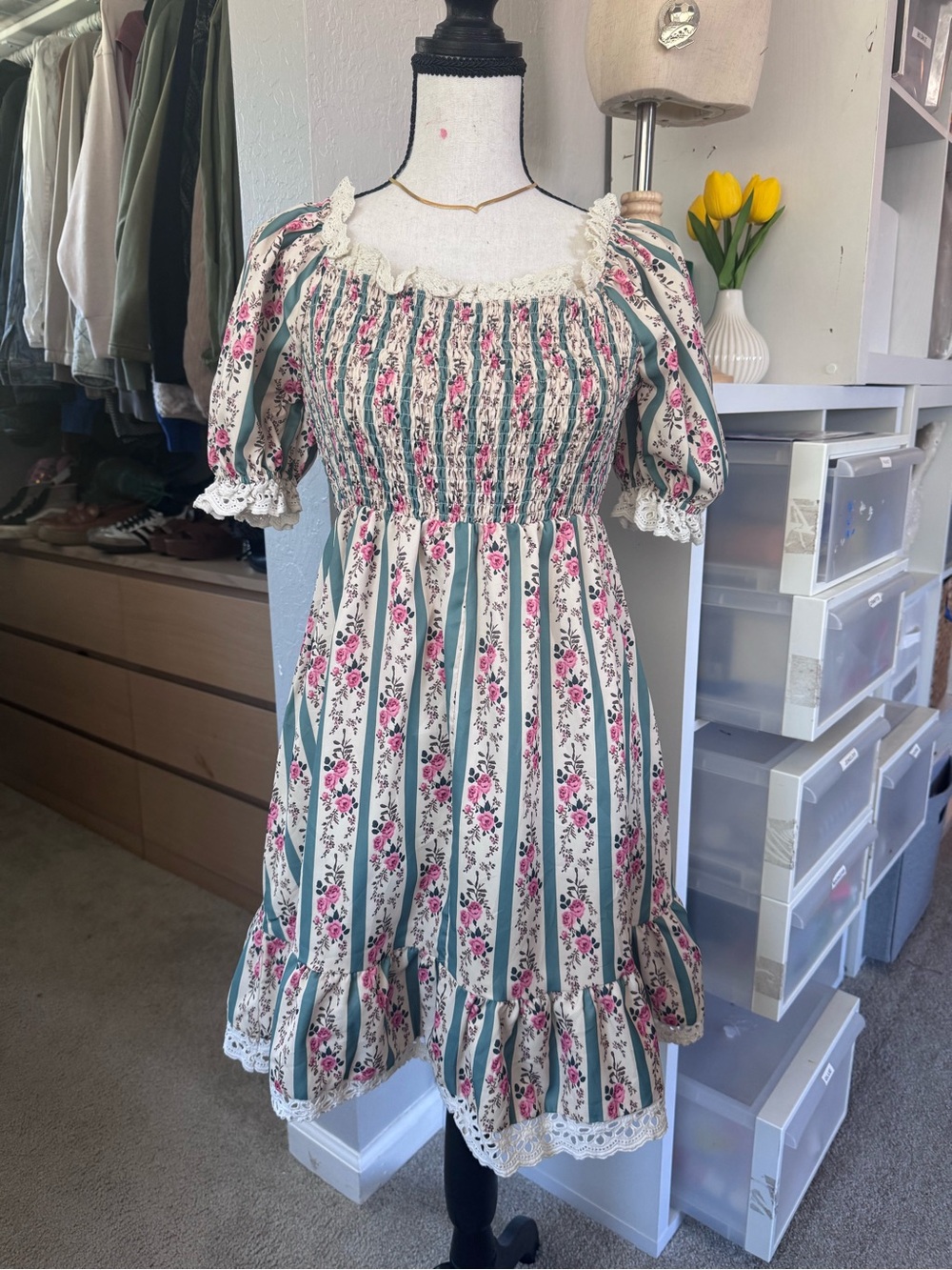 Floral Smocked Puff Sleeve Dress - Cream & Pink